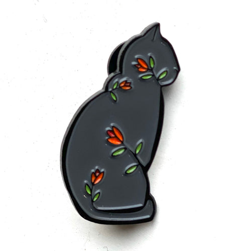 Black Cat Enamel Pin, Black Cat with Flowers Enamel Pin, Gray Cat Enamel Pin, Gray Cat Pin, Gift for Cat Lover