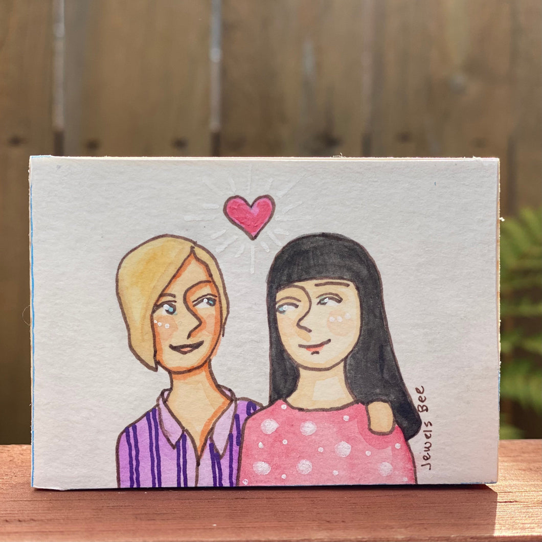 Gift for Lesbian Couples, Art for Girlfriend, Quirky Folk Portrait Painting, Affordable Art, Affordable Gifts, ACEO Original Art