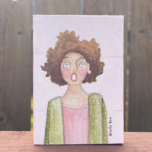 Original Mixed Media Portrait of a Woman, Quirky Folk Portrait Painting, Affordable Art, Affordable Gifts, ACEO Original Art