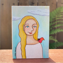 Load image into Gallery viewer, Small Painting Original Mixed Media Portrait of a Woman, Affordable Art, Affordable Gifts, Small Painting, Quirky Home Decor