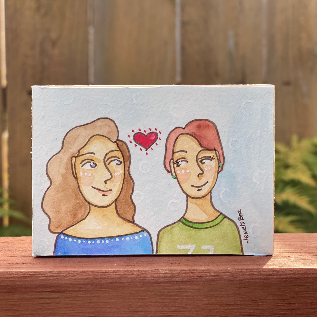 Gift for Lesbian Couples, Lesbian Art, Quirky Folk Portrait Painting, Affordable Art, Affordable Gifts, ACEO Original Art