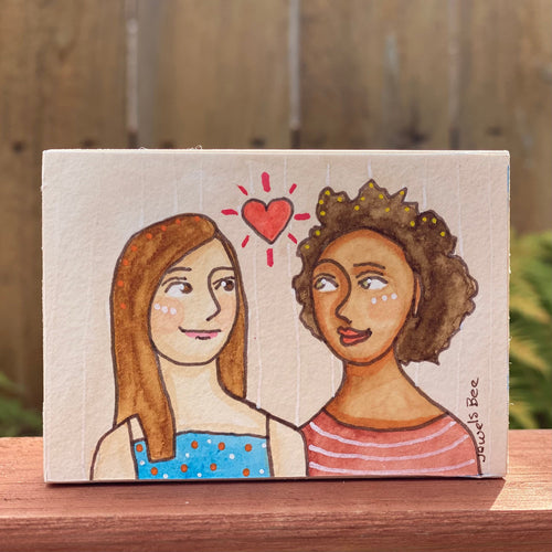 Gift for Lesbian Couples, Lesbian Art, Quirky Folk Portrait Painting, Affordable Art, Affordable Gifts, ACEO Original Art