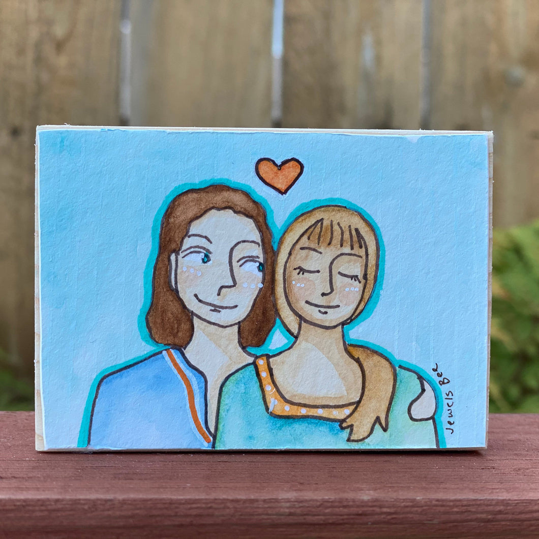 Gift for Lesbian Couples, Lesbian Art, Quirky Folk Portrait Painting, Affordable Art, Affordable Gifts, ACEO Original Art