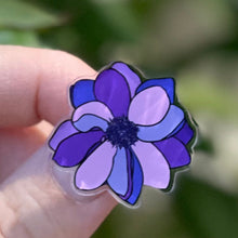 Load image into Gallery viewer, Dahlia Flower Acrylic Pin, Stocking Stuffer for Woman, Stocking Stuffer for Gardner, Floral Acrylic Pin, Purple Flower Pin
