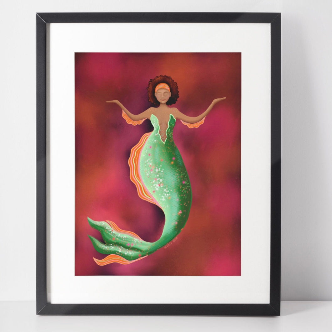 Peaceful Mermaid 8x10 Art Print, Black Mermaid Art Print, Fantasy Art, Magical Art Print, Mermaid Wall Decor
