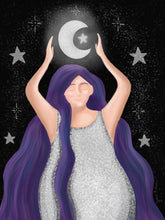Load image into Gallery viewer, Moon Witch Art Print, Moon Magic Art, Star Magic Art Print, Magical Woman Art Print, Night Witch Art Print