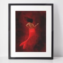 Load image into Gallery viewer, Red and Black Mermaid 8x10 Art Print, Black Mermaid Art Print, Fantasy Art, Magical Art Print, Mermaid Wall Decor