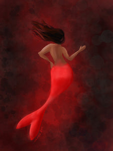 Red and Black Mermaid 8x10 Art Print, Black Mermaid Art Print, Fantasy Art, Magical Art Print, Mermaid Wall Decor