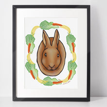 Load image into Gallery viewer, Bunny with Veggies 8x10 Art Print, Bunny Art Print, Rabbit Art Print, Charity Art Print, Bunny Nursery Decor, Bunny Nursery Wall Art