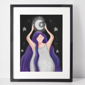 Moon Witch Art Print, Moon Magic Art, Star Magic Art Print, Magical Woman Art Print, Night Witch Art Print